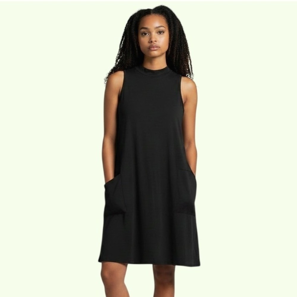 Lazy Sundays Mock Neck Shift Dress L Black Pocket Keyhole Minimalist Mod